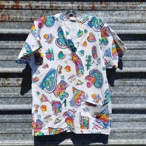 Decorative Heart Vneck Pocketed Bold Colored Scrub Top